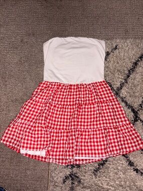 Strapless White Bodice Red Gingham Tiered Sundress